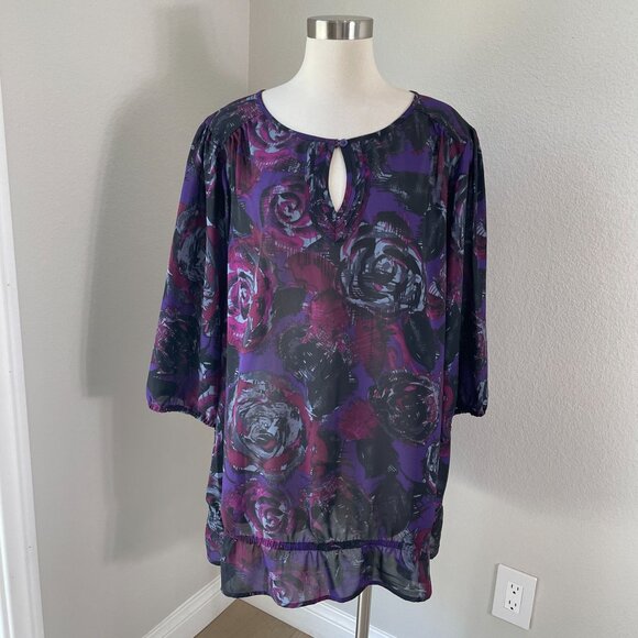 Just My Size Womens Plus 4X Purple Floral Tunic Top Keyhole Neck Shirt Blouse - Picture 1 of 12